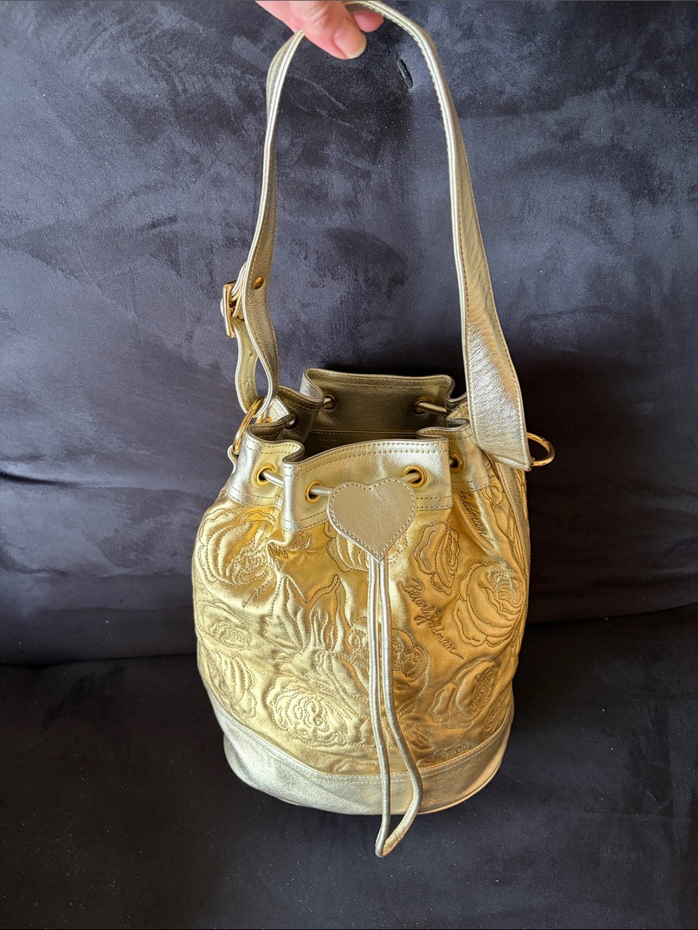 Vintage Beverly Feldman Metallic Gold Embroidered Rose Bucket Bag Y2K